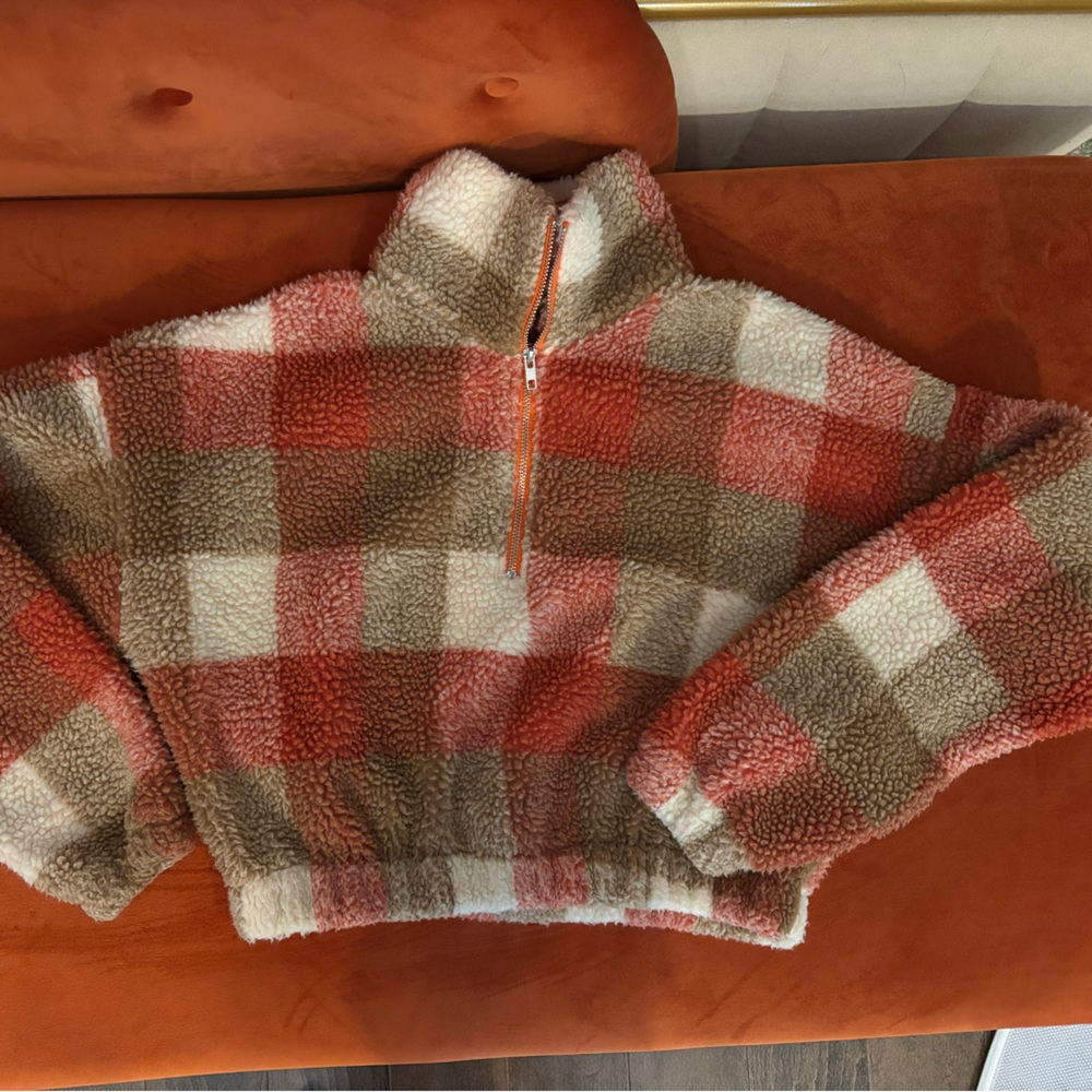 Plaid Sherpa Cropped Zip-Up Jacket